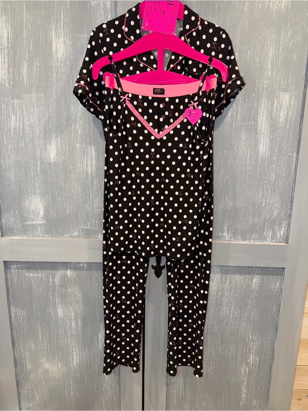 Betsey Johnson Black Polka Dot 3-Piece Pajama Set M NWT